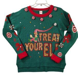 Ugly Christmas Sweater "Treat Your Elf" Size S With Festive Design & Sequins